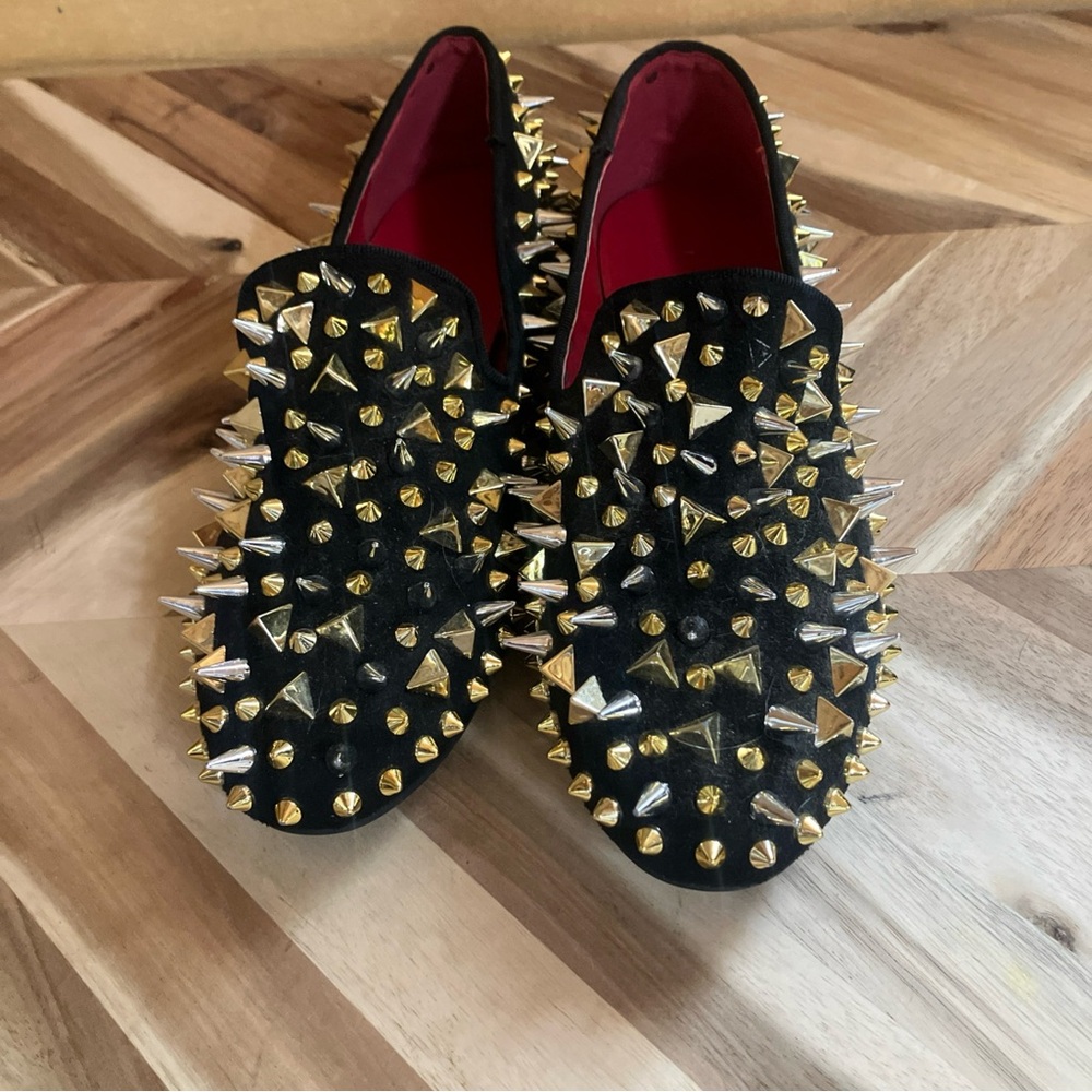 Black Studded Slip-On Loafers with Gold And Silver Spikes - Picture 15 of 15